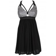 Shining Armor Sequin Designer Cutout Party Dress in Black/Silver